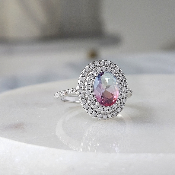 Pink & Blue tourmaline ombre stone ring, 925 Sterling Silver Charmed Aroma BP - Picture 2 of 8
